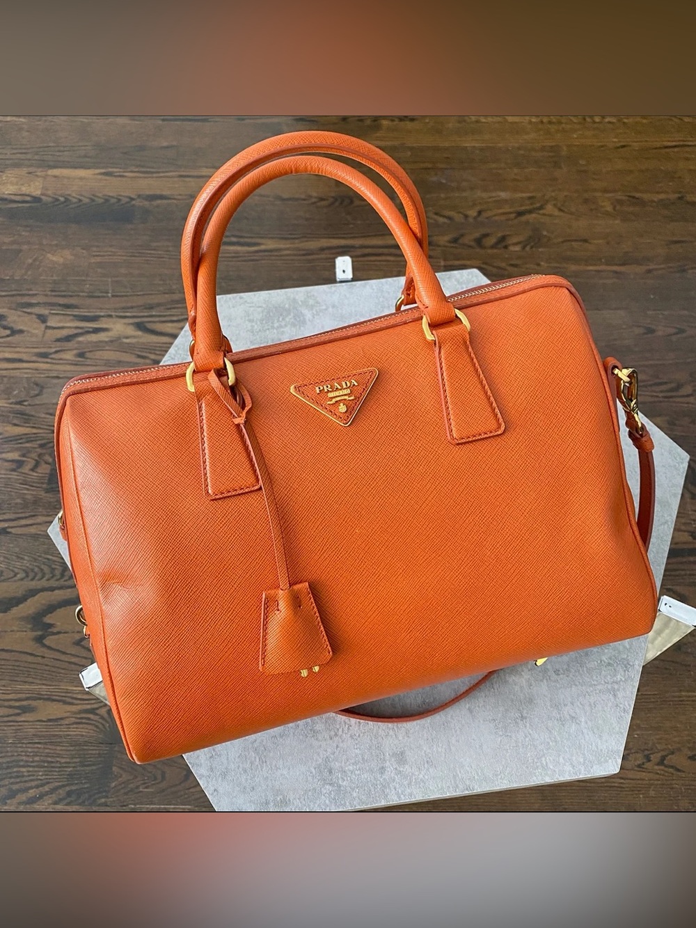 Prada Saffiano Lux Bowler Bag Papaya Orange Leather Top Handle Satchel